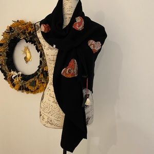 Black wool scarf with fabric heart embellishments